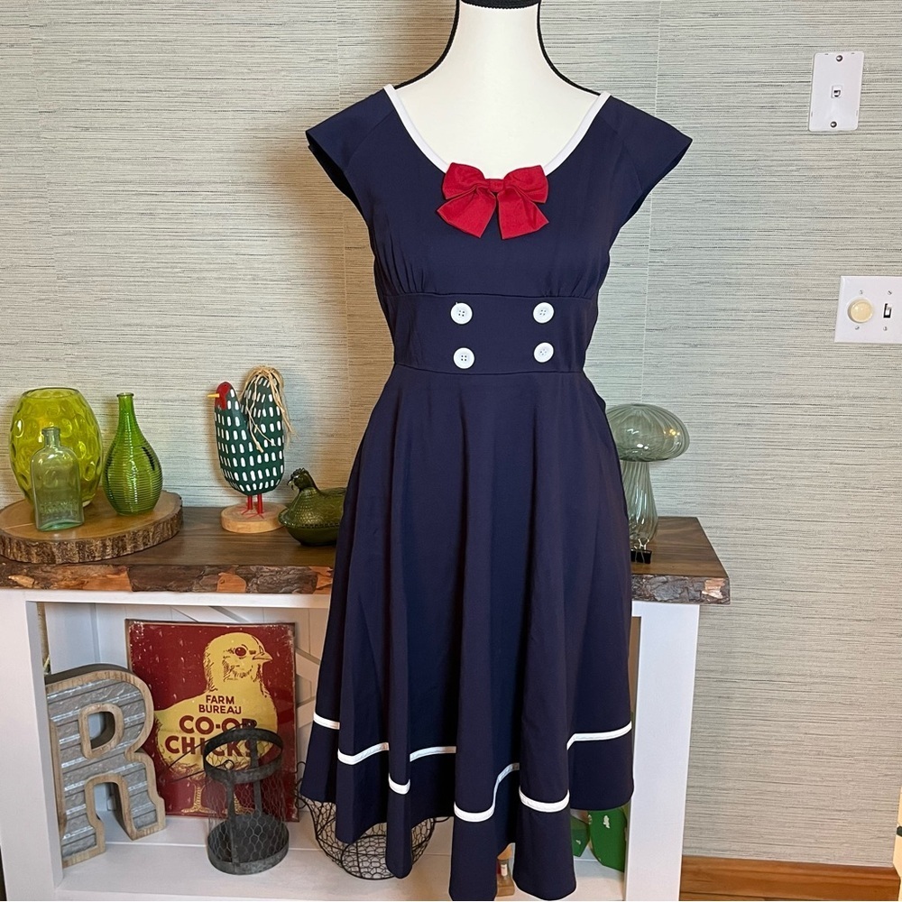 Voodoo Vixen Nautical Dress Bow Fit & Flare Sailor 50’s Navy Midi Womans Size 6 - Picture 11 of 11